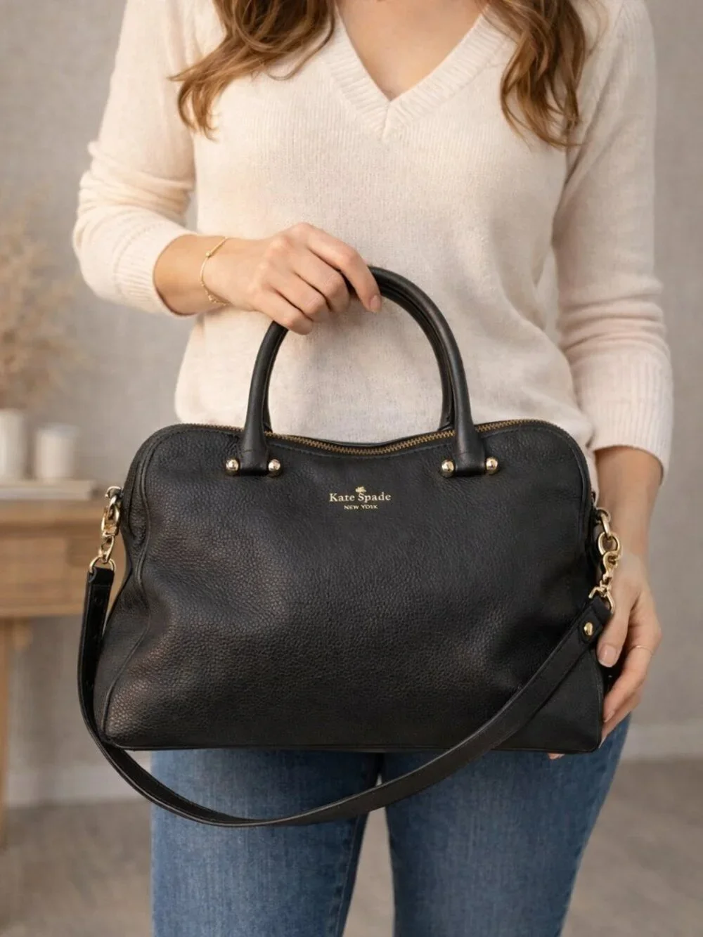 Kate Spade Black Pebbled Leather Satchel Crossbody Bag Gold Hardware